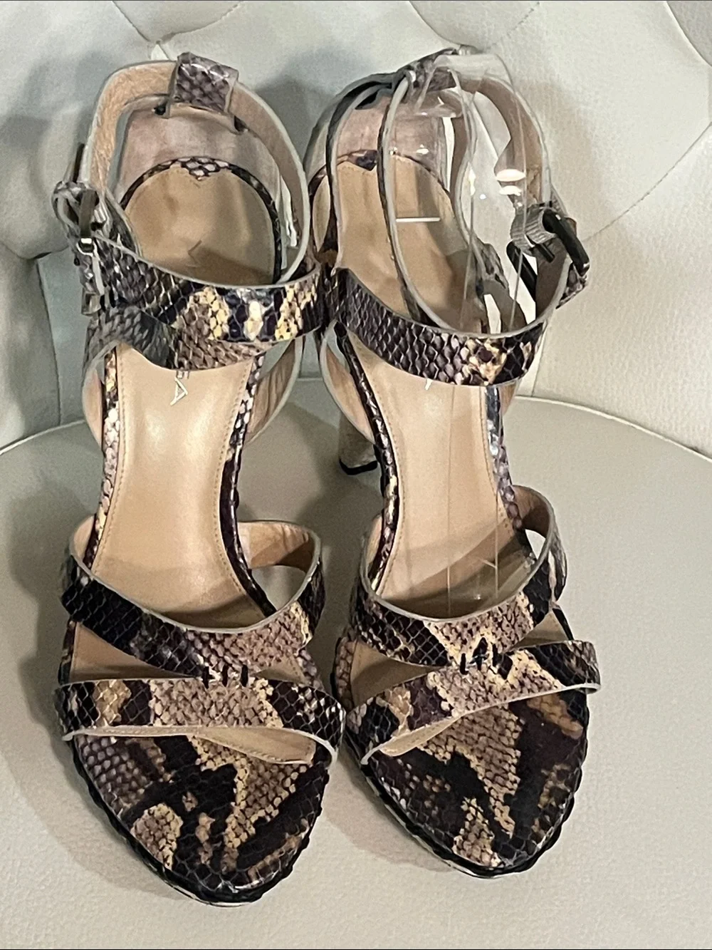 Via Spiga Snake-Print Brown Strappy High Heel Sandals Espadrille design Size 8